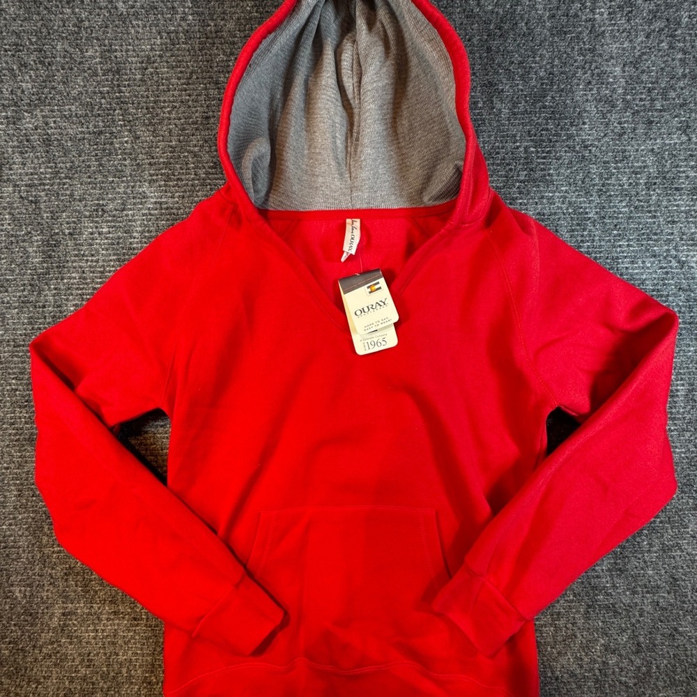 OURAY SPORTSWEAR Red V Neck Hoodie Sweatshirt Kangaroo Pocket Size M